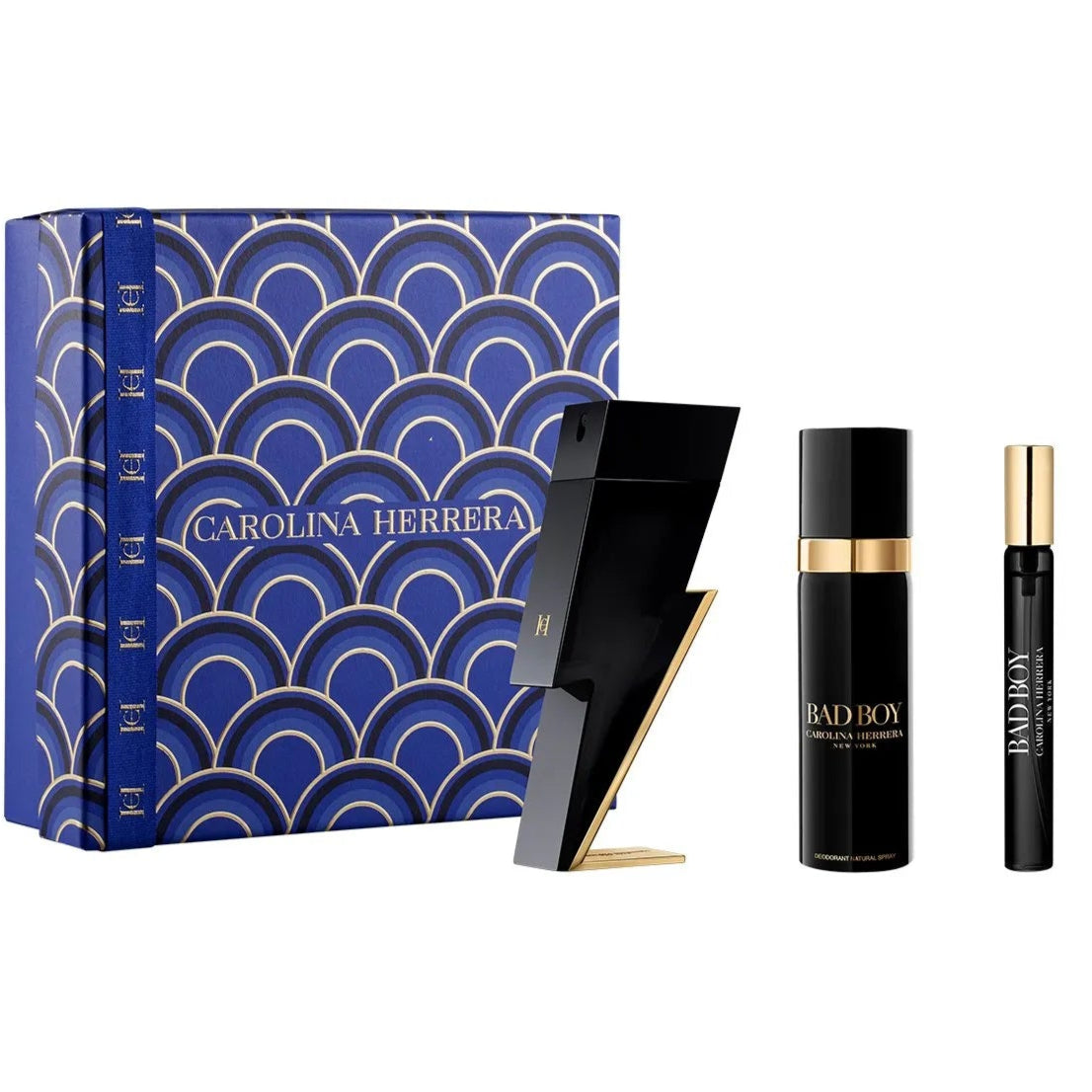 SET BAD BOY DE CAROLINA HERRERA X 3 PIEZAS , PERFUME 100 ML + PERFUME 10 ML + DESODORANTE SPRAY 100 ML