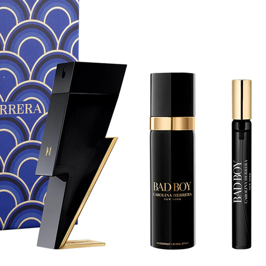 SET BAD BOY DE CAROLINA HERRERA X 3 PIEZAS , PERFUME 100 ML + PERFUME 10 ML + DESODORANTE SPRAY 100 ML