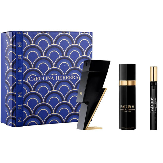 SET BAD BOY DE CAROLINA HERRERA X 3 PIEZAS , PERFUME 100 ML + PERFUME 10 ML + DESODORANTE SPRAY 100 ML